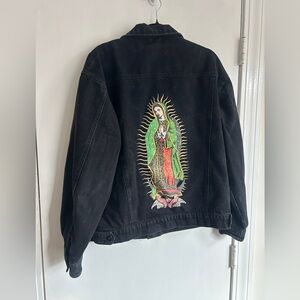 Black Denim Jacket with Our Lady of Guadelupe Graphic Back sixe XL